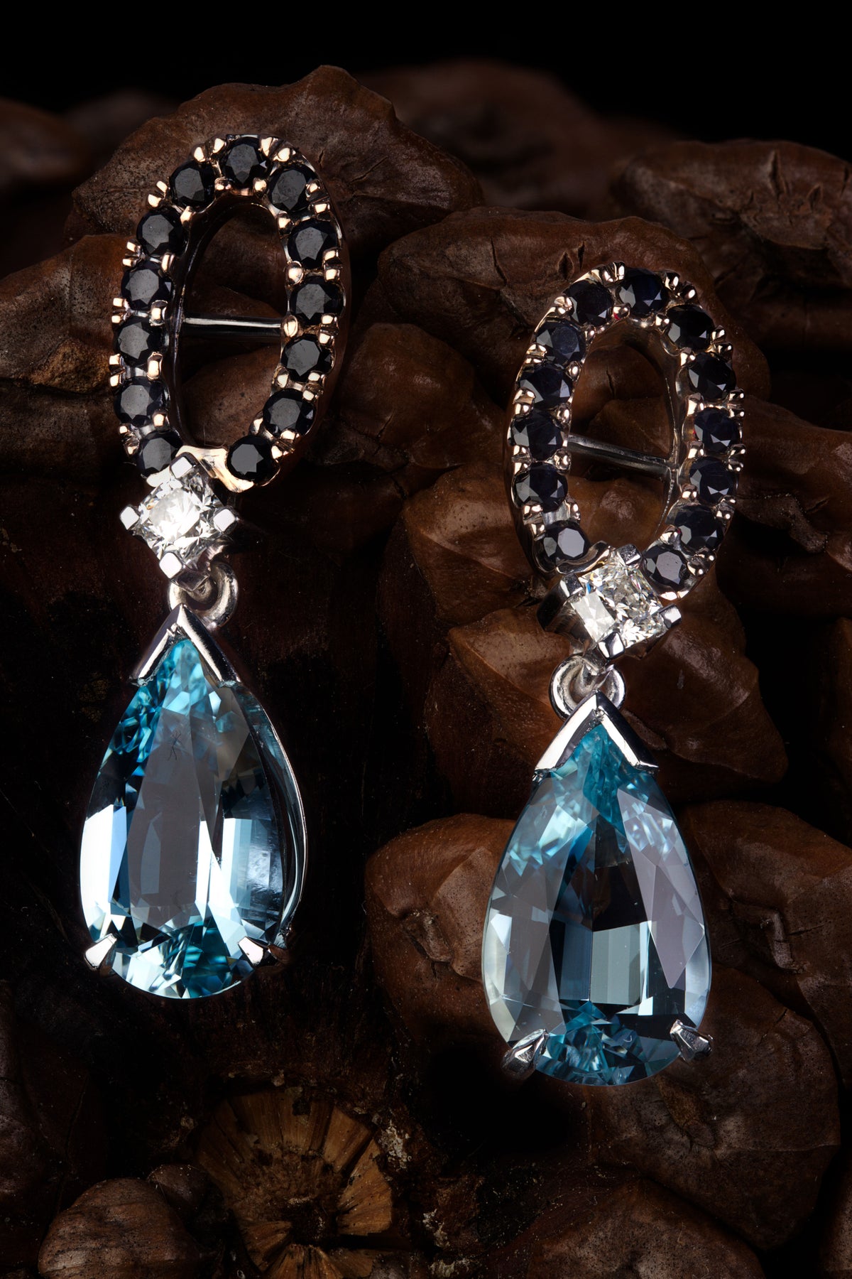 Aquamarine, Diamond, & Australian Black Sapphire Earrings