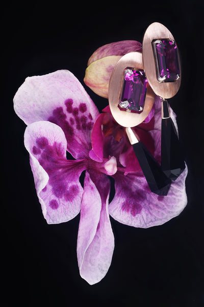 Purple Rhodolite Garnet and black Onyx Bespoke Earrings