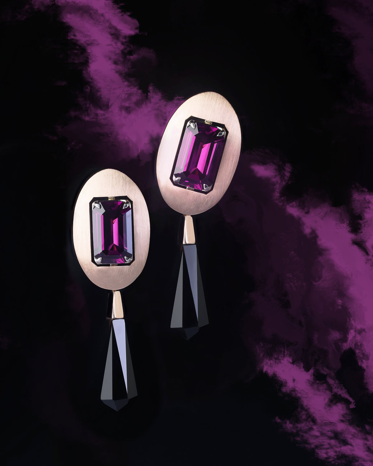 Purple Rhodolite Garnet and black Onyx Bespoke Earrings