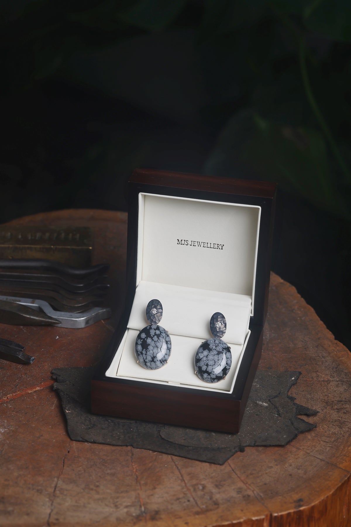 Diamond and Snowflake Obsidian Bespoke Earrings