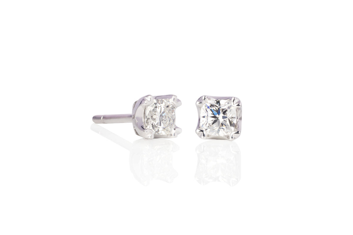 Canadian Ideal Square Cushion Cut Diamond Stud Earrings in 18 ct white gold