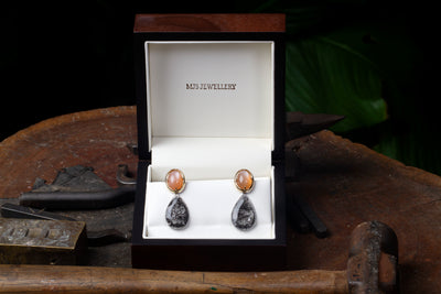 Cabochon Orange Moonstone and Rutilated Tourmaline Quartz Bespoke Earrings