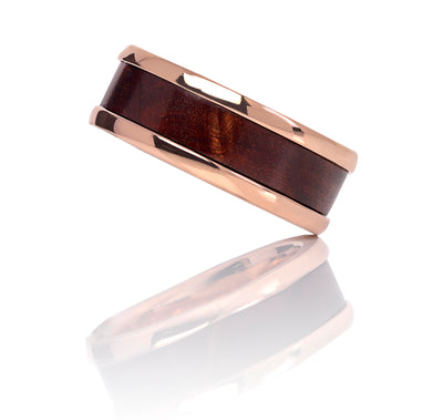 18ct Rose Gold Men's Band with Flame She-oak Timber Inlay