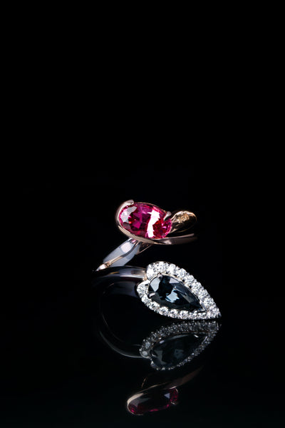 Mahenge pink spinel and Pear cut Grey Spinel Ring